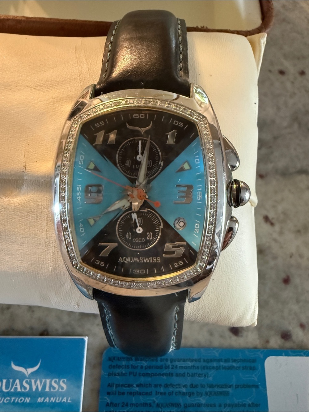 AquaSwiss Ice Prism Crystal Diamond Blue & Black Chrono Date Watch Leather Band